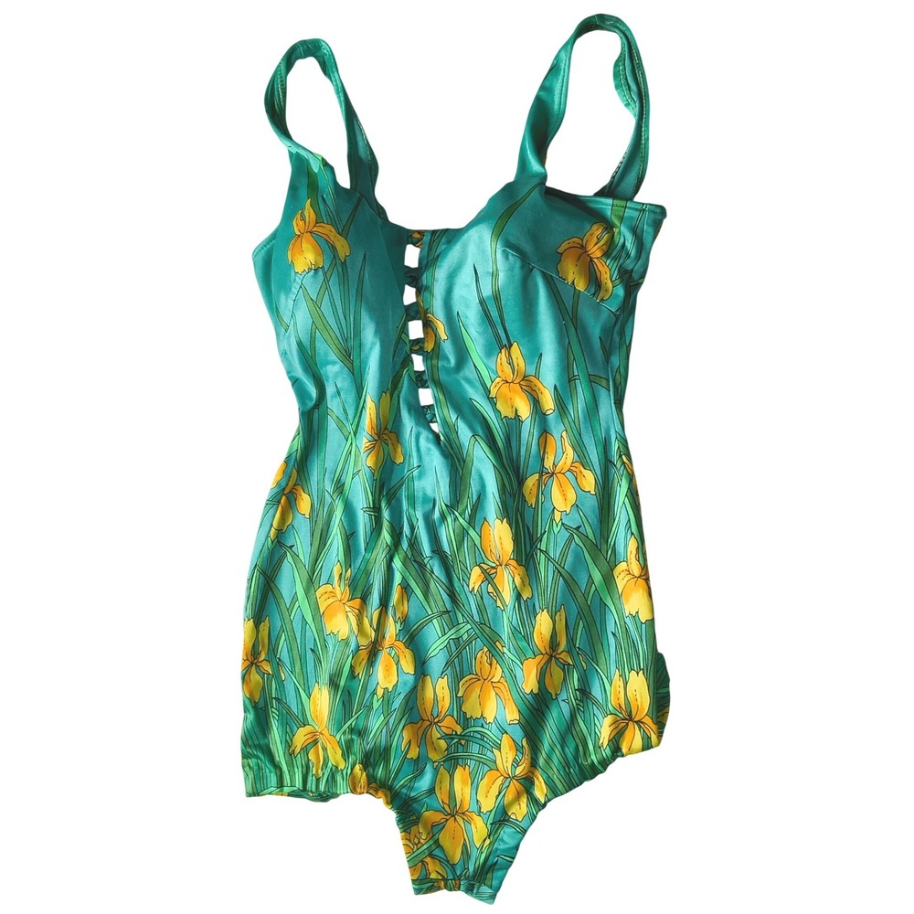 Sandcastle Swimsuit‎ Women 14 Teal Yellow Vintage Iris Floral Boyleg
